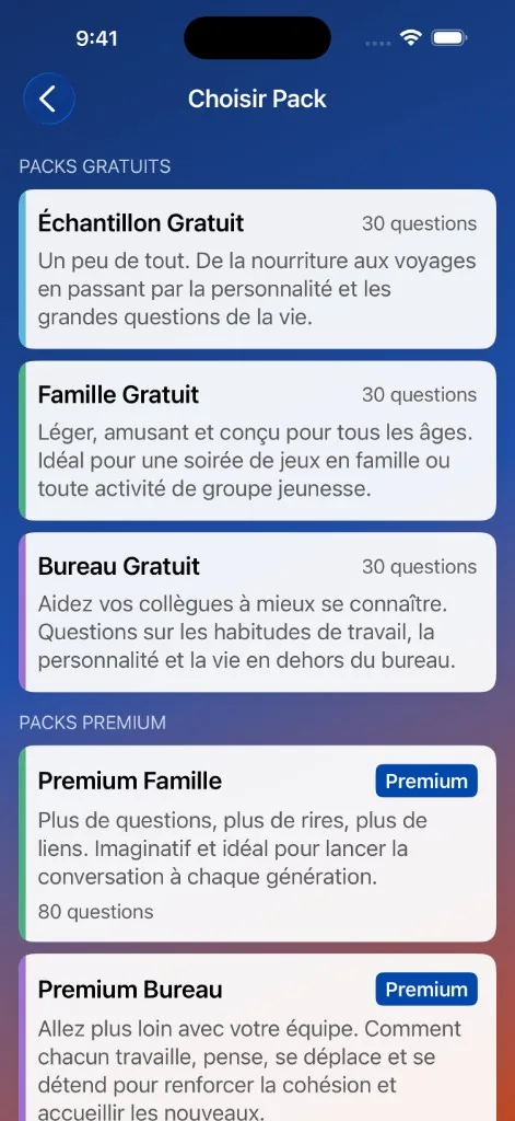 Capture d'écran MeeNoMee : liste des packs de questions Premium