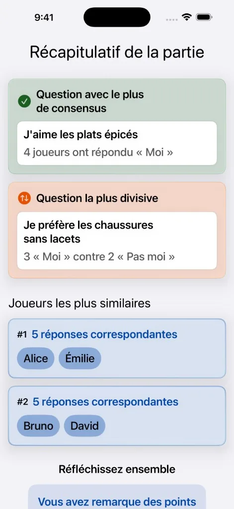 Capture d'écran MeeNoMee : récapitulatif de fin de partie avec statistiques