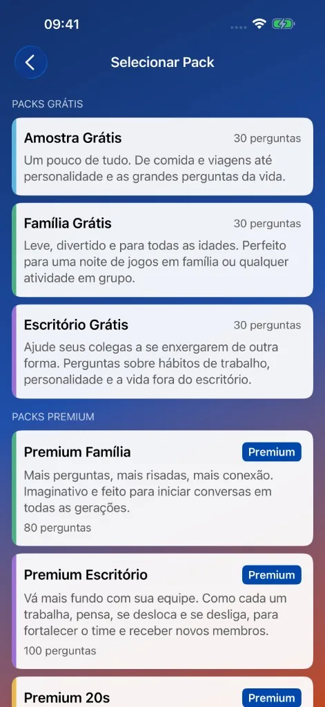 Captura de tela do MeeNoMee: seleção de packs de perguntas