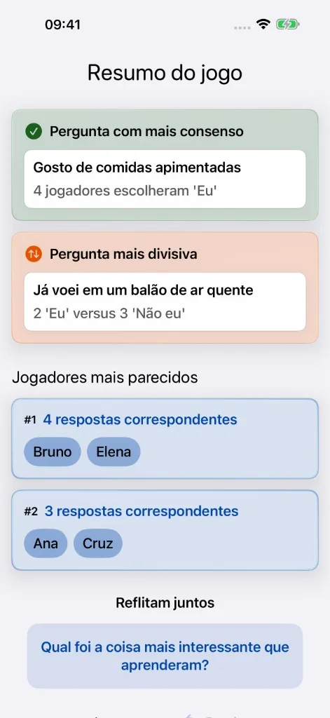 Captura de tela do MeeNoMee: resumo de fim de partida